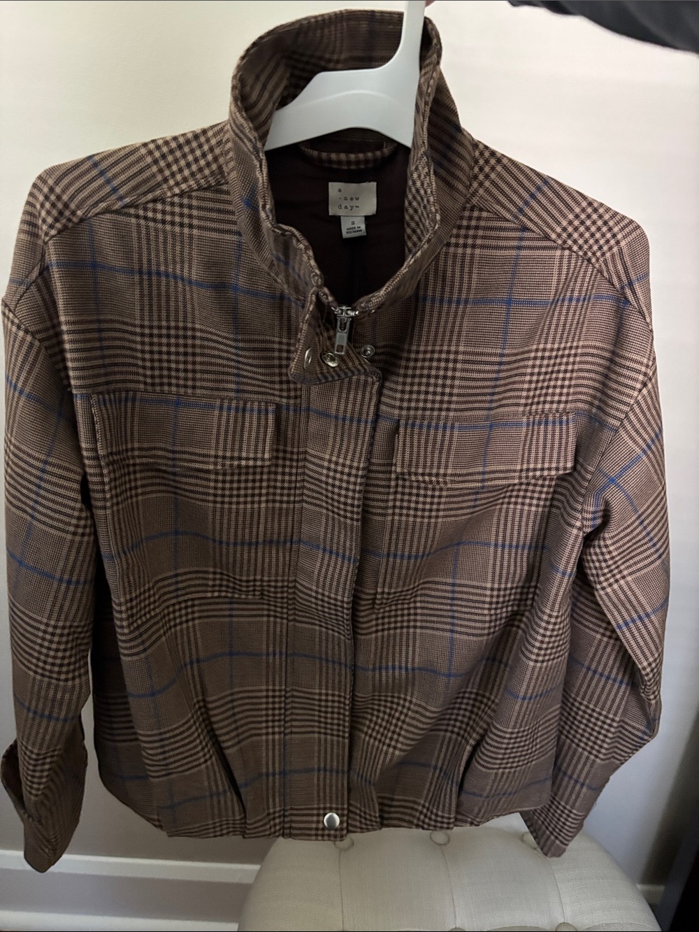 NEW Women's Plaid Funnel Neck Field Jacket - A New Day™ Brown Small S NWT